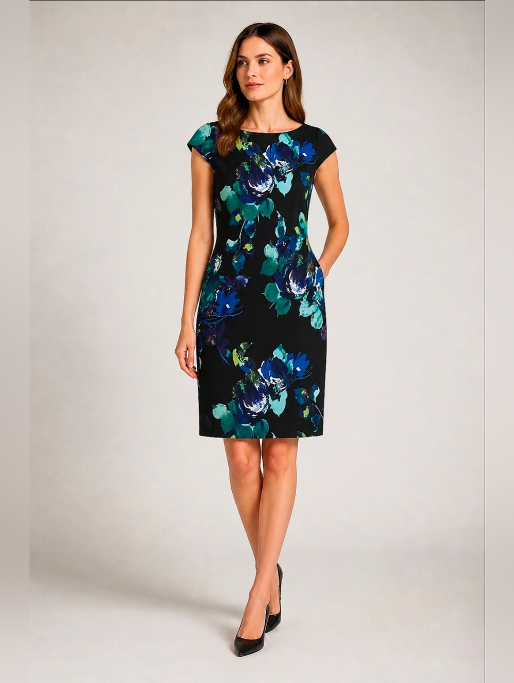 Vince Camuto Black Sheath Dress with Blue and Teal Floral Print Size 6 NWT